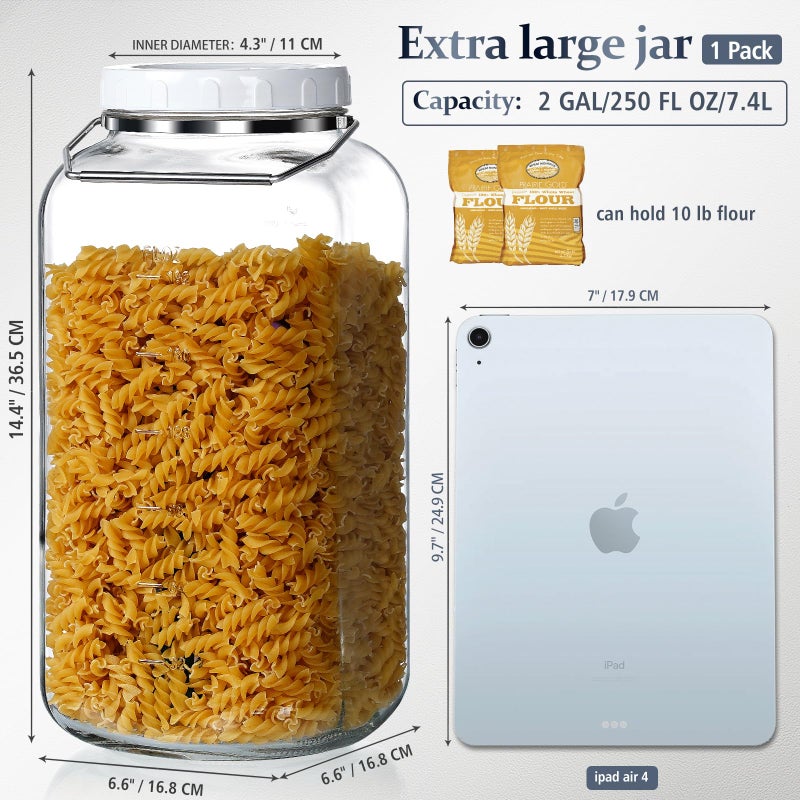 Folinstall 2 Gallon Large Glass Jar with Lid  Wide Mouth Storage Jars with Stainless Handle  Extra Big Glass Container with 2 Scale Mark for Storing Food  Kitchen Organization  7400 ML/250 OZ - Image 3
